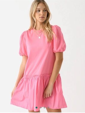 English Factory Pink Puff-Sleeve Drop-Waist Mini Dress